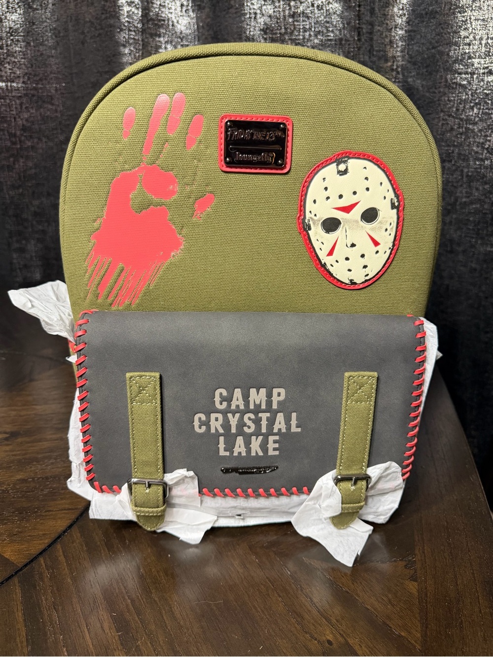 Camp Crystal Lake Olive Green & Gray Horror Graphic Backpack